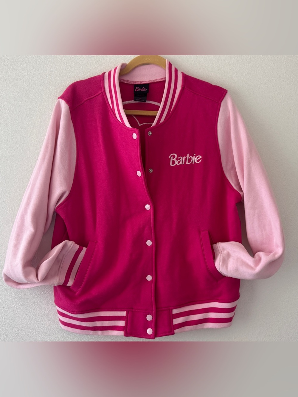 Hot Topic Barbie Two-Tone Magenta and Pink Letterman Jacket Embroidered Size XL